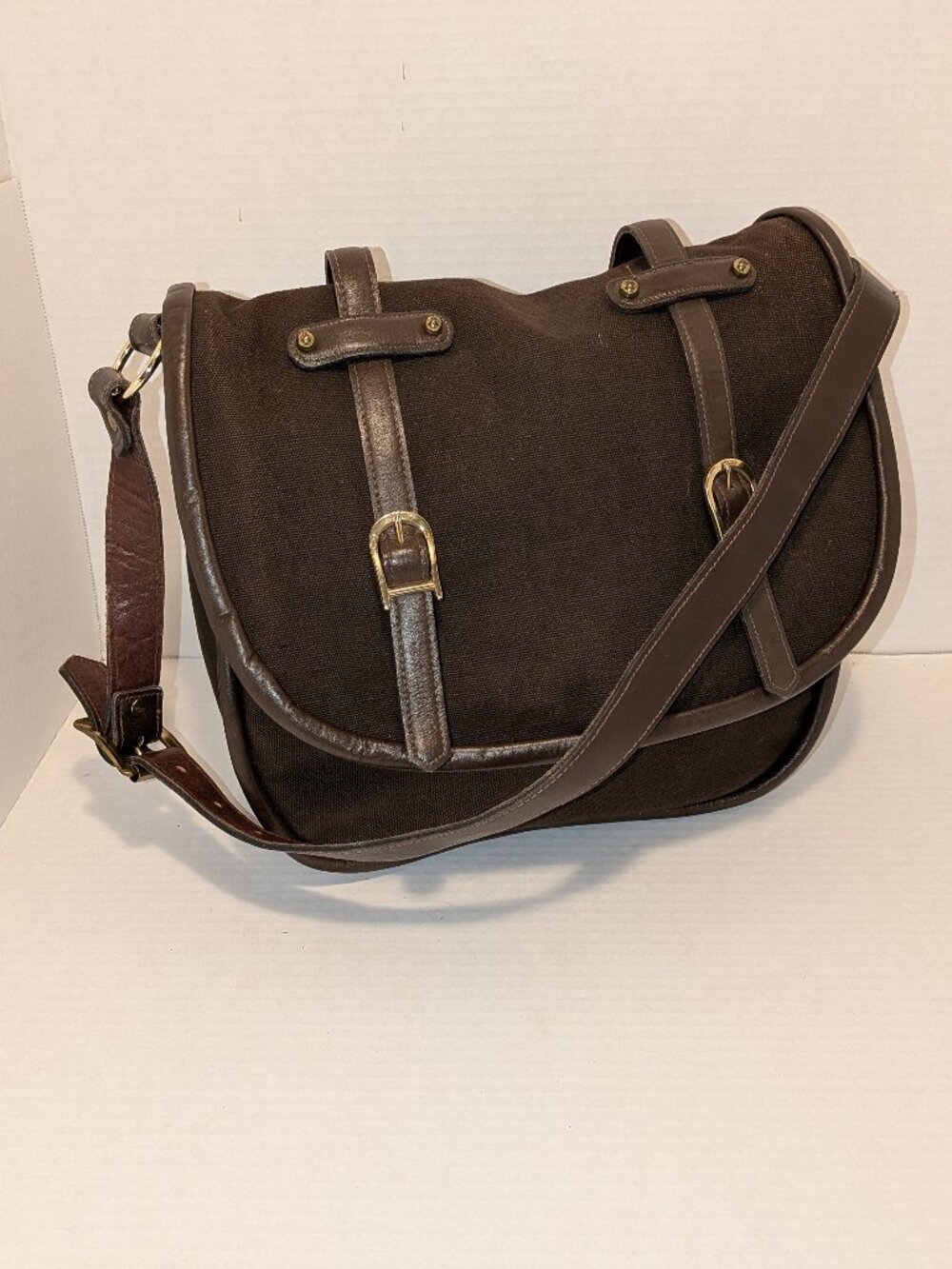 Vintage Style Brown Canvas Messenger Bag Leather Straps Buckle Accents